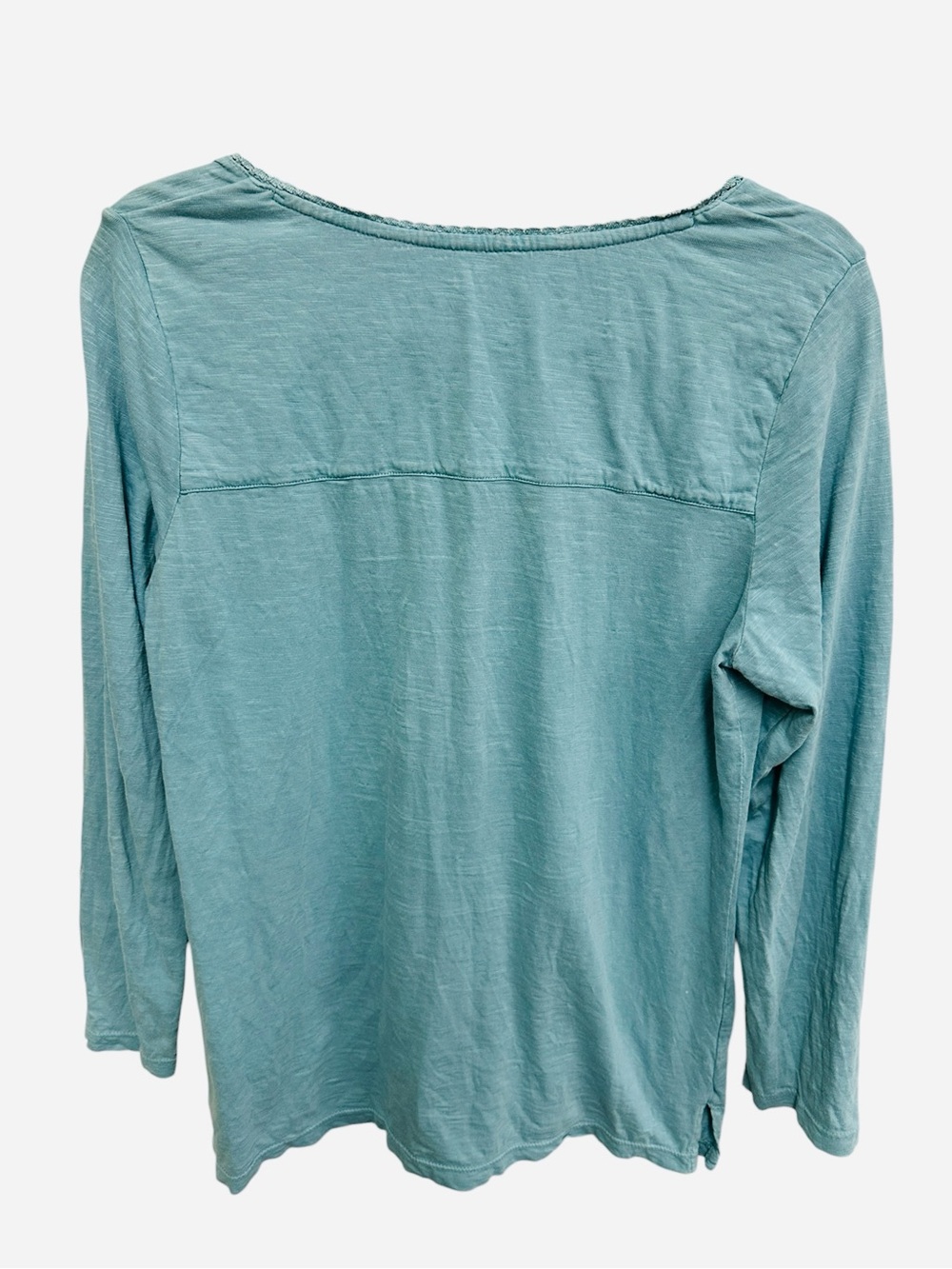 Coldwater Creek ruffle floral lace 100% cotton Henley top in teal Size S - Picture 6 of 9
